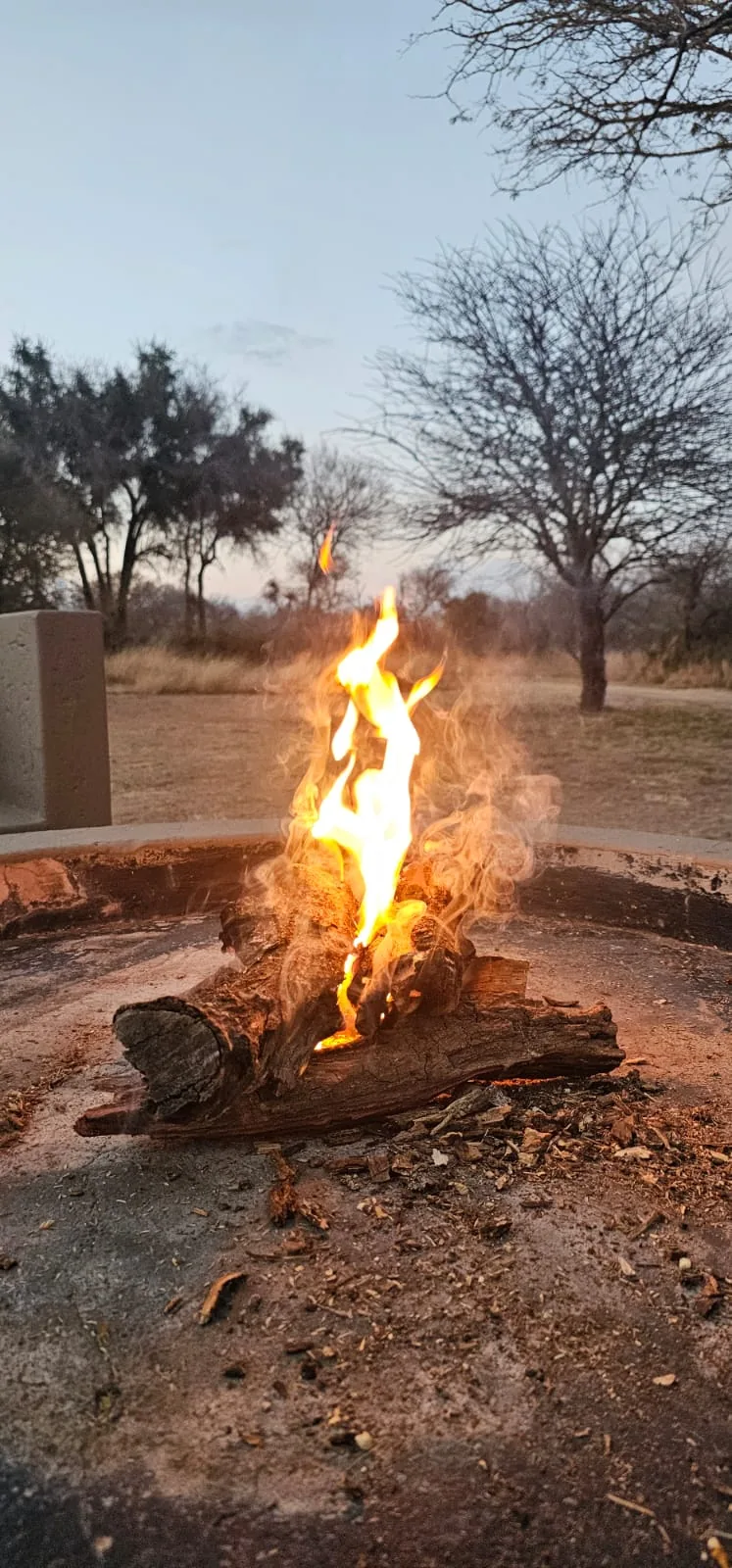 Wood fire burning in the stone boma firepit at dusk