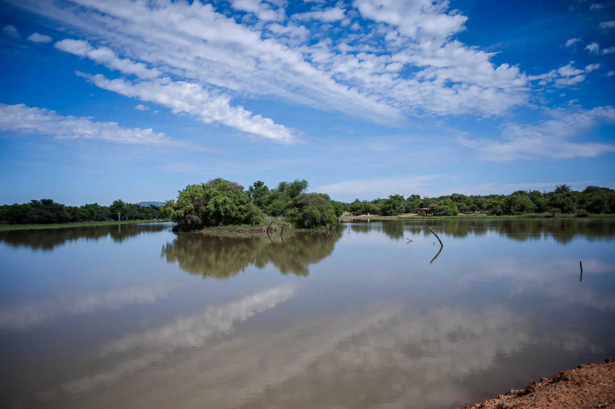 The dam on Shona Langa Nature Estate, with trees and clouds reflected in the water