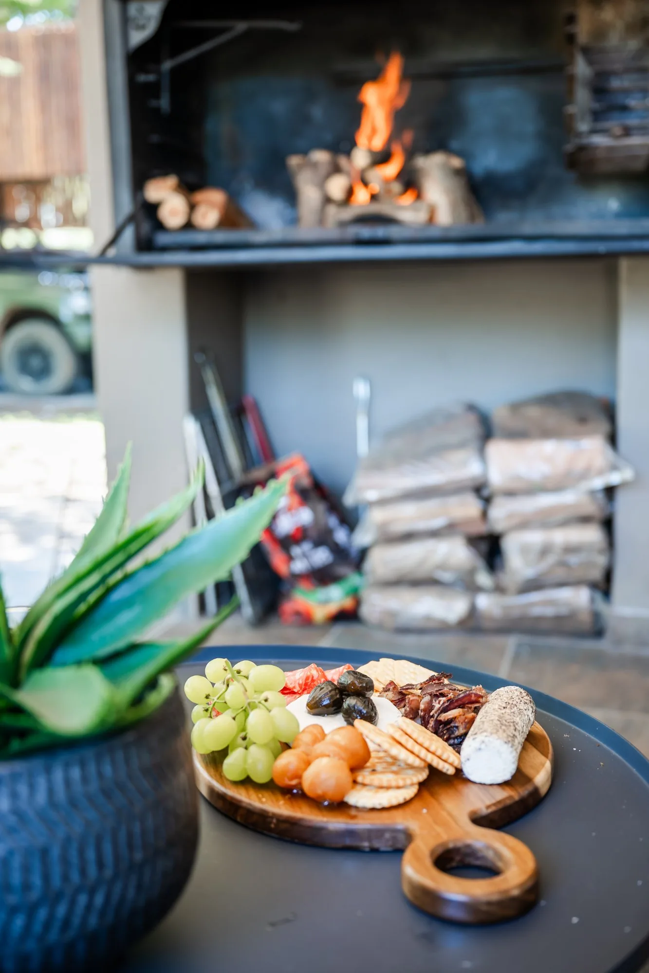 Close-up grazing board with biltong, crackers, grapes and cheese