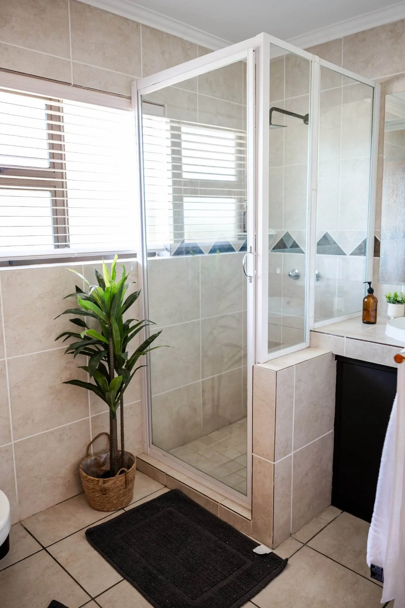 Walk-in glass shower cubicle with a potted plant and black bath mat